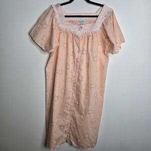 Vintage Previews Nightgown‎ Womens Large Floral Lace Trim Button Front 80s USA